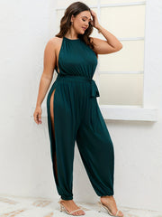 Casual Jumpsuit Round Neck Elastic Stretch Self Tie Jumpsuit