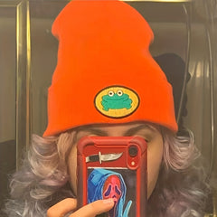 Cartoon Frog Embroidery Knit Hat Hip Hop Candy Warm Beanie Cap