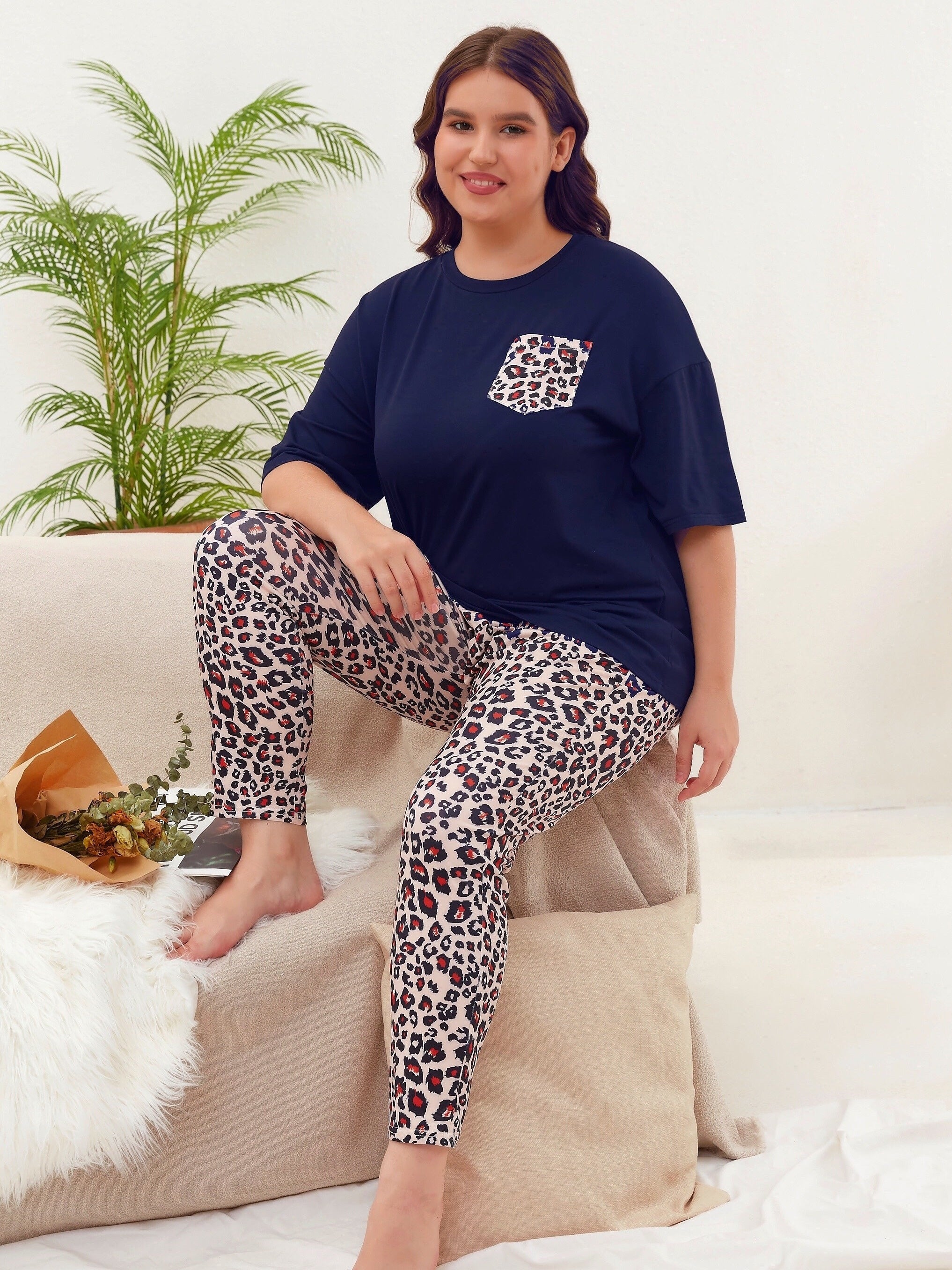 Leopard Print Pajama Set Short Sleeve Top & Pants