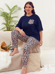 Leopard Print Pajama Set Short Sleeve Top & Pants