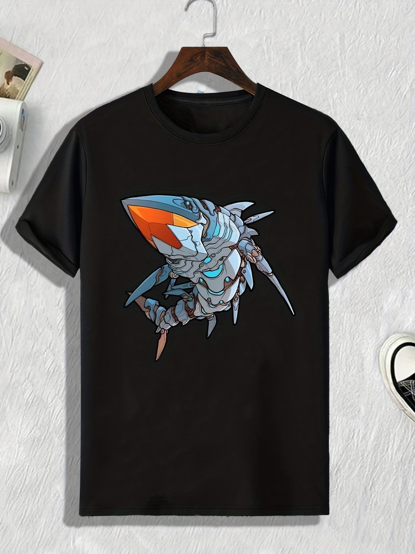 Mechanical Shark Print Men's Comfy T-shirt for Outdoor