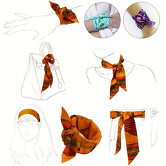 5pcs Set Skinny Scarf & Hair Tie Brown Ribbon Neckerchief Twilly Scarf