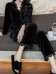 Velvet Pajama Set Lace Trim Long Sleeve Button Top & Elastic Waistband Pants