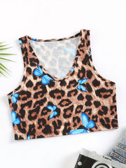 Leopard & Butterfly Print Tank Top V Neck Sleeveless Top