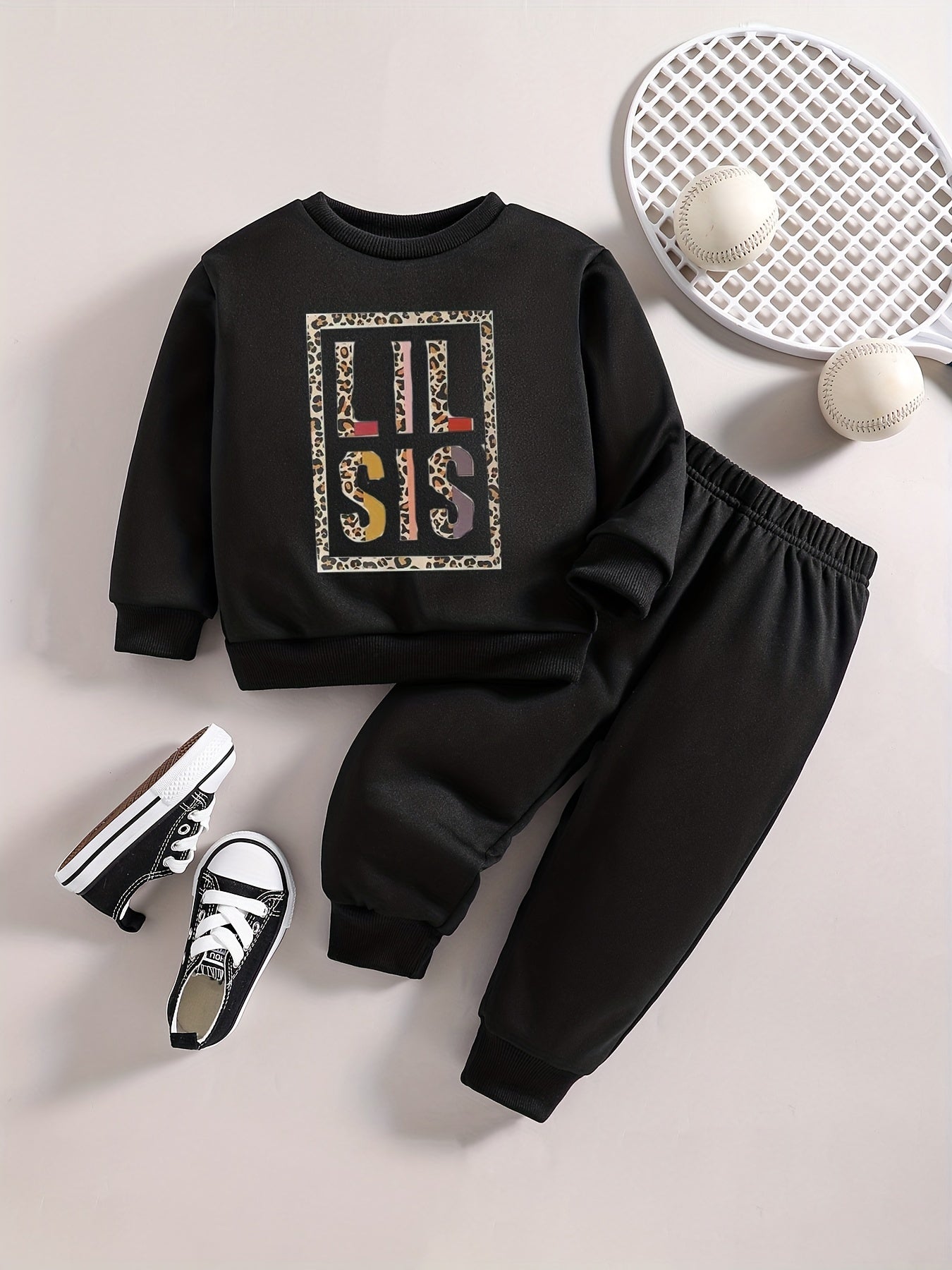 Baby Boy Stylish Outfit Leopard Letter Print Sweatshirt Pants Set