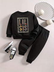 Baby Boy Stylish Outfit Leopard Letter Print Sweatshirt Pants Set