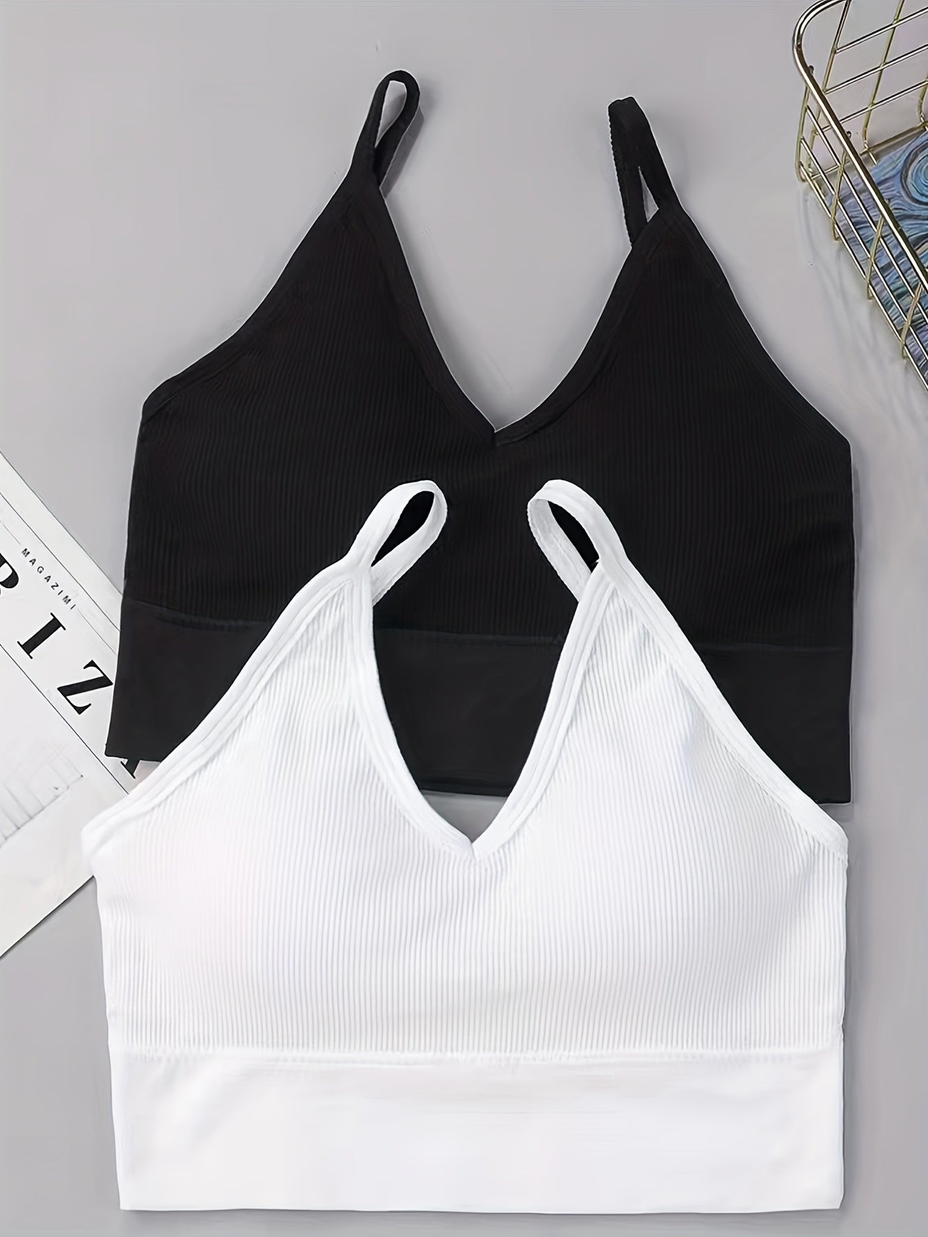 2pcs Ribbed Cami Tops V Neck Hollow Out Crop Top Women's Lingerie
