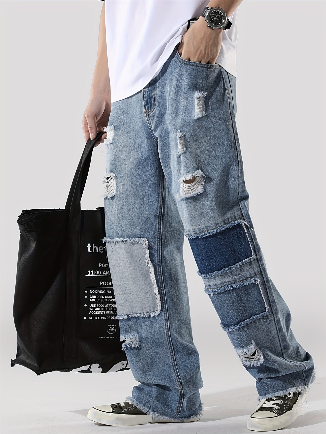Men's Ripped Jeans Wide Leg Denim Pants
