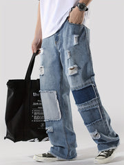 Men's Ripped Jeans Wide Leg Denim Pants