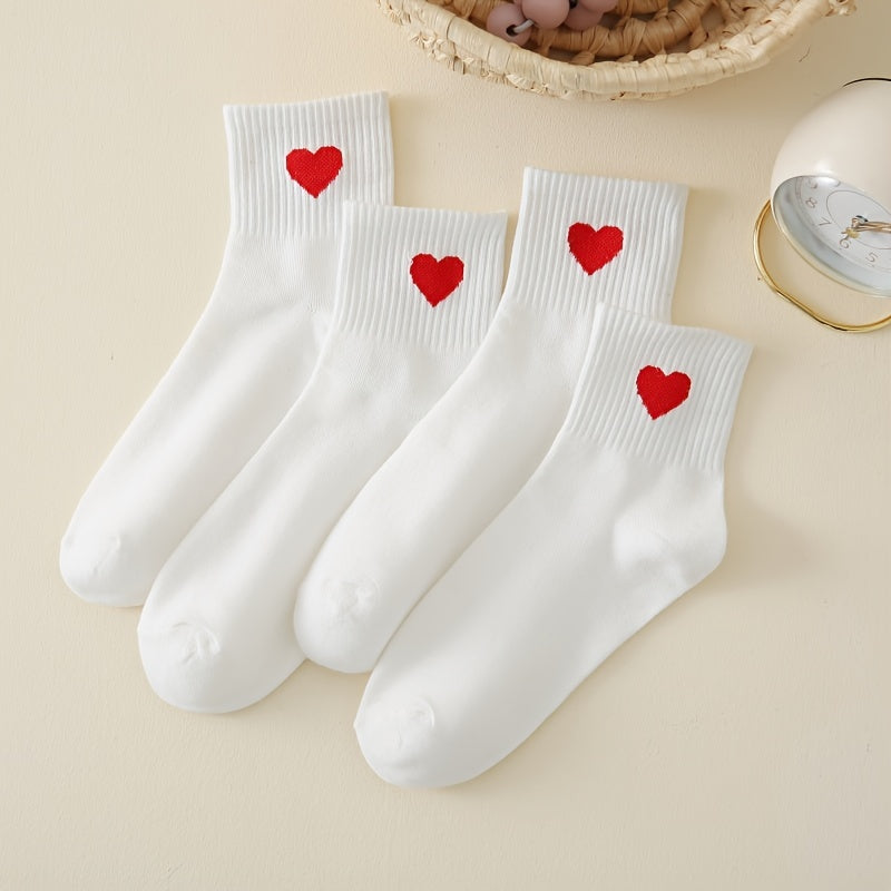 Red Heart Pattern Socks Elastic Ribbed Mid Tube Women's Stockings