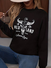 Bull Head Print Pullover Sweatshirt Crew Neck Fall Winter Womens Clothing