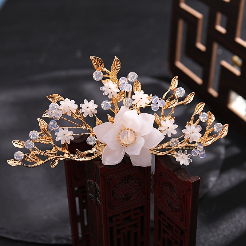 Crystal Flower Leaf Hairpin Headband Earring Set Chinese Wedding Hair Accessorie