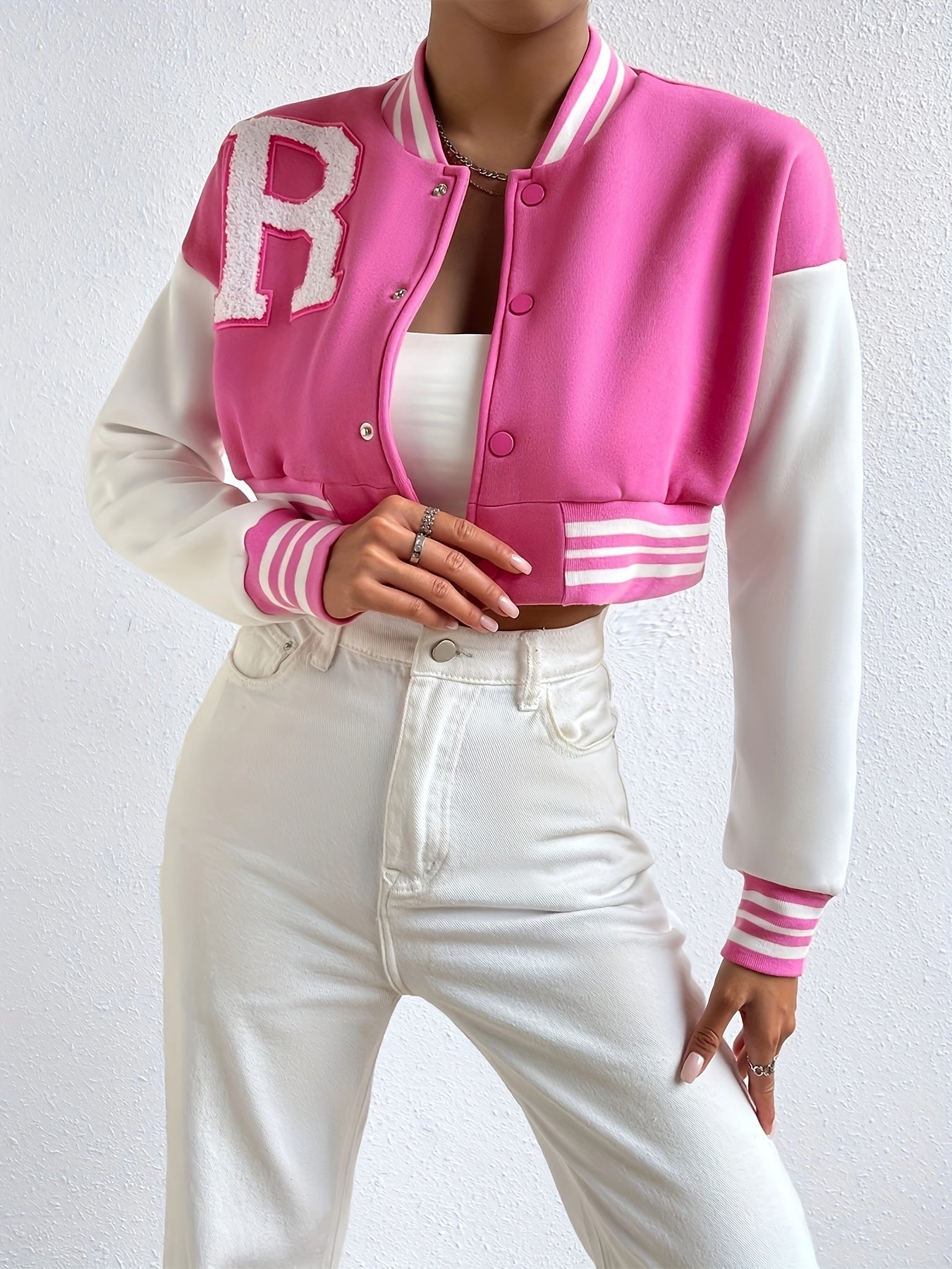 Preppy Cropped Baseball Neck Jacket Women's Clothing