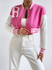 Preppy Cropped Baseball Neck Jacket Women's Clothing