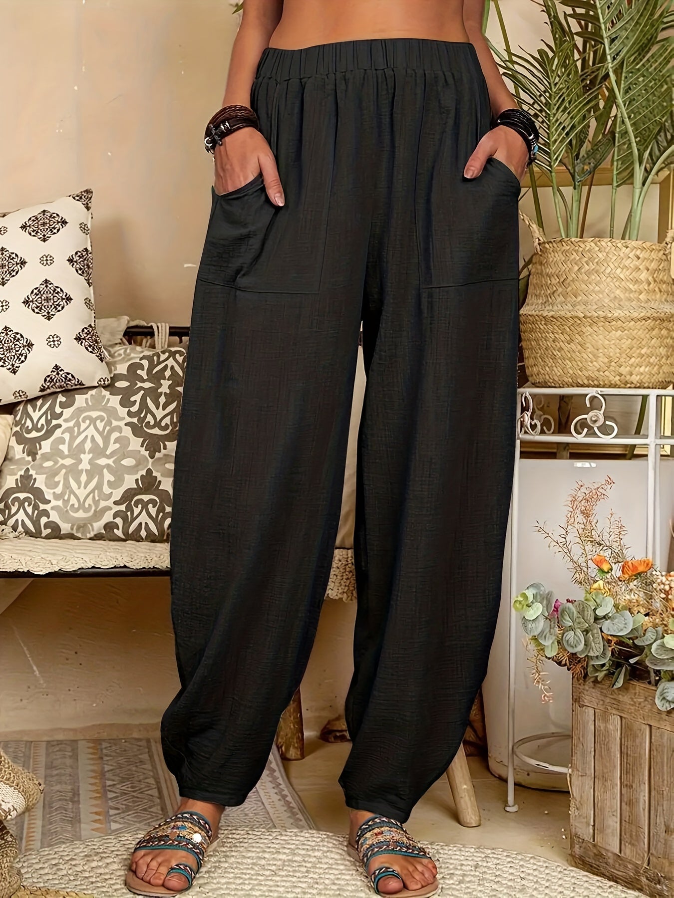 Baggy Harem Pants Casual Loose Elastic Waist Pants Women's Clothing