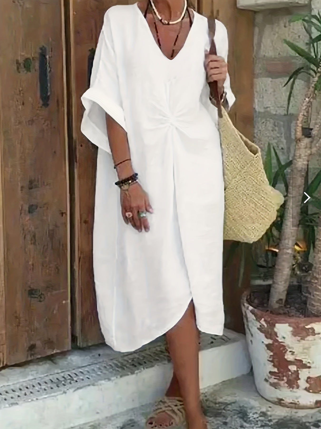 Casual Dress Women's Plus Solid Batwing Sleeve V Neck Ruched Front