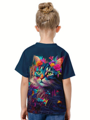 Girls Tie Dye Kitty Graphic Crew Neck T-shirt
