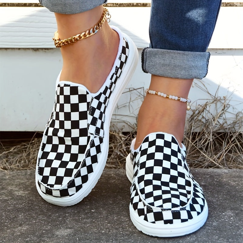 Women's Checkerboard Canvas Slip-On Loafers Flat Mules
