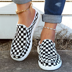 Women's Checkerboard Canvas Slip-On Loafers Flat Mules