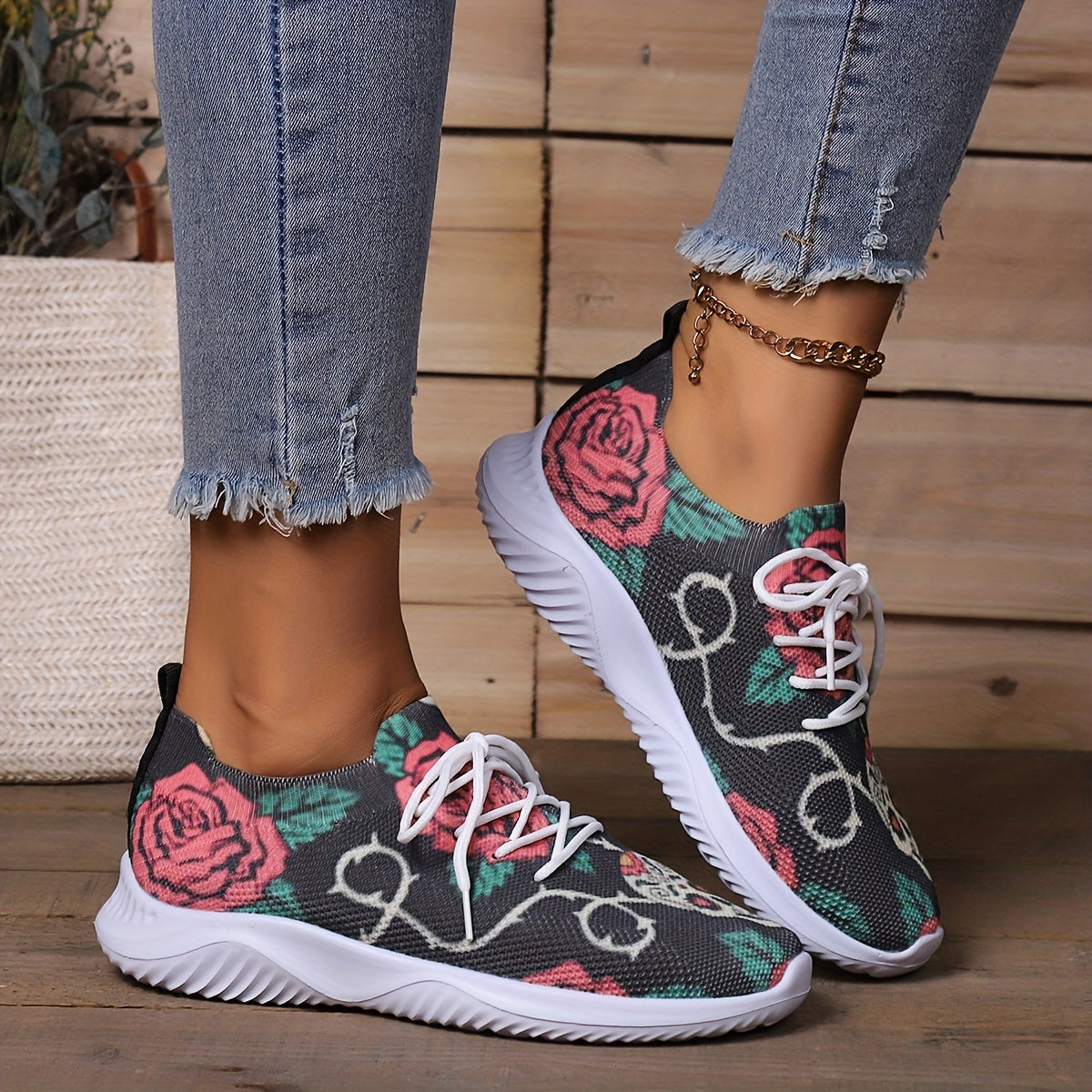 Women's Halloween Skull & Rose Printed Knit Sneakers