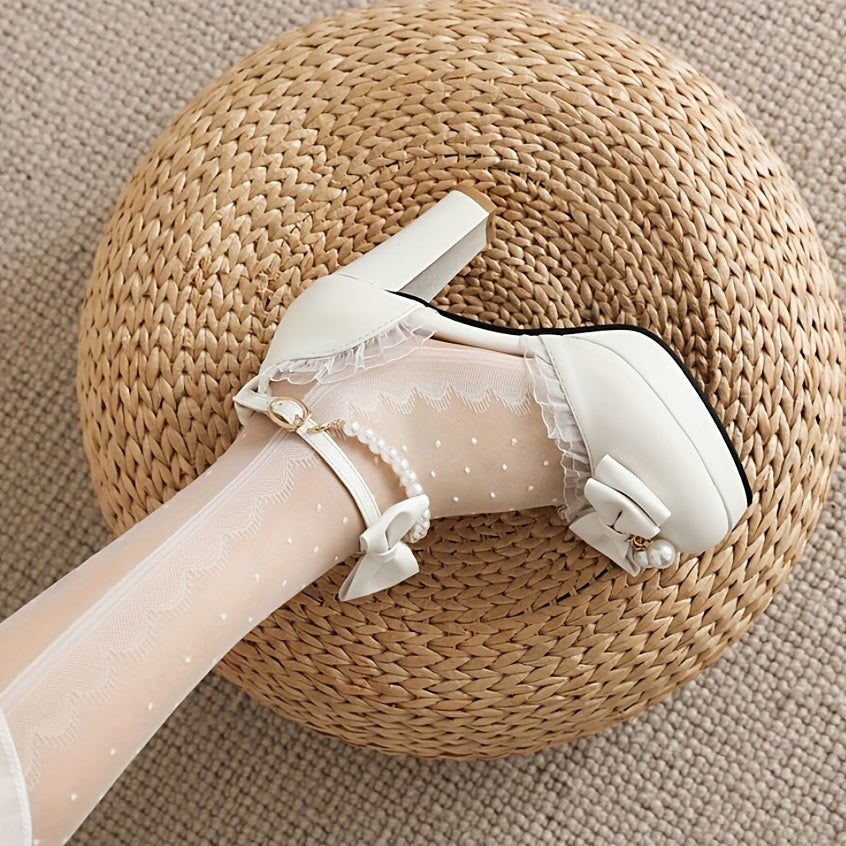 Women's Platform High Heels Bowknot Lace Faux Pearl Ankle Strap Chunky Heels