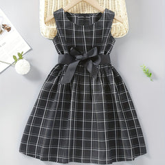 Girls Plaid Sleeveless Dress with Bow Belt