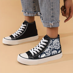 Skull Print High Top Canvas Sneakers