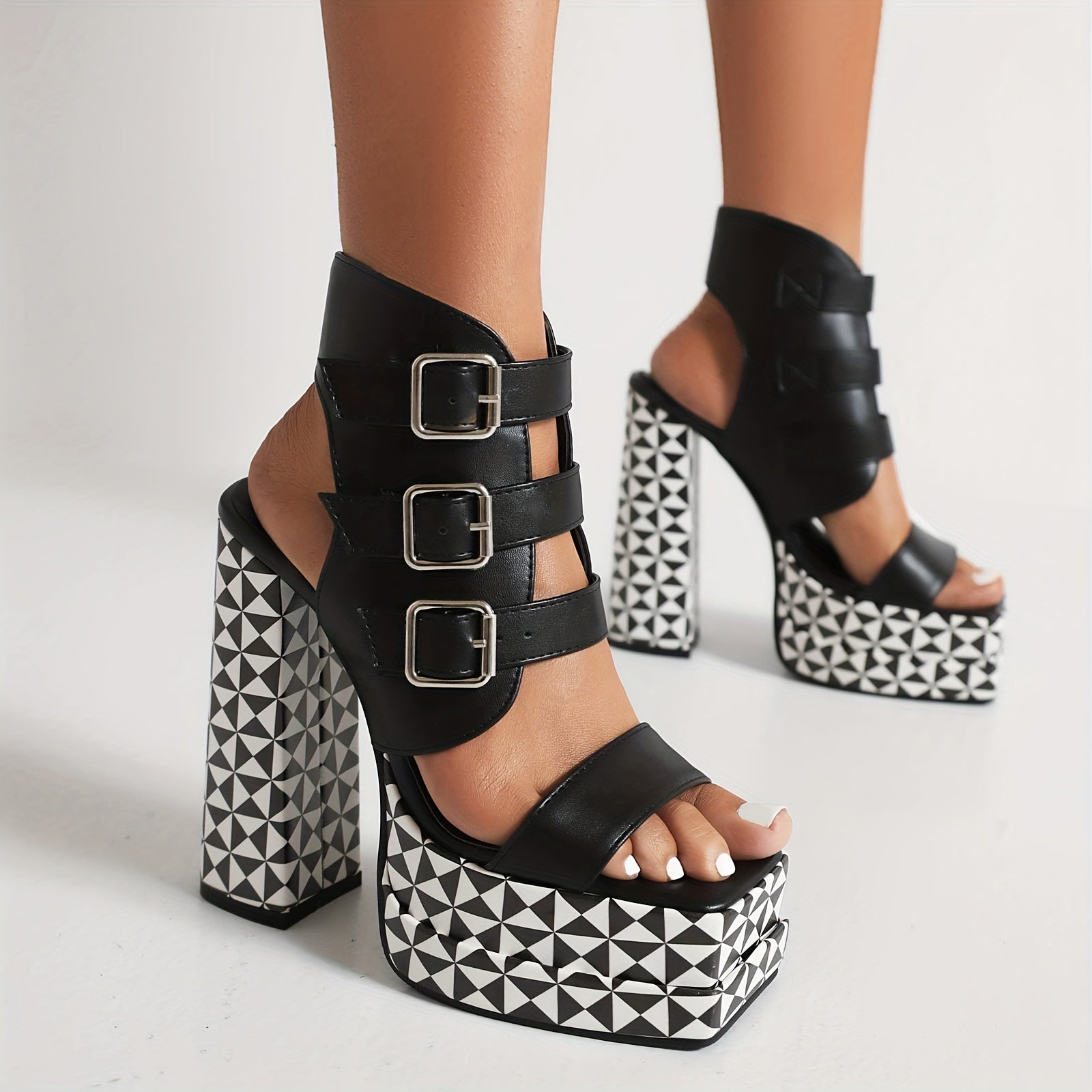Square Open Toe Strap Platform Pumps for Women