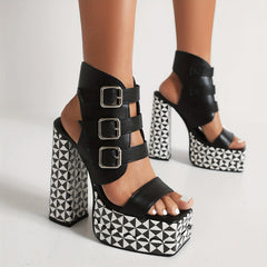 Square Open Toe Strap Platform Pumps for Women
