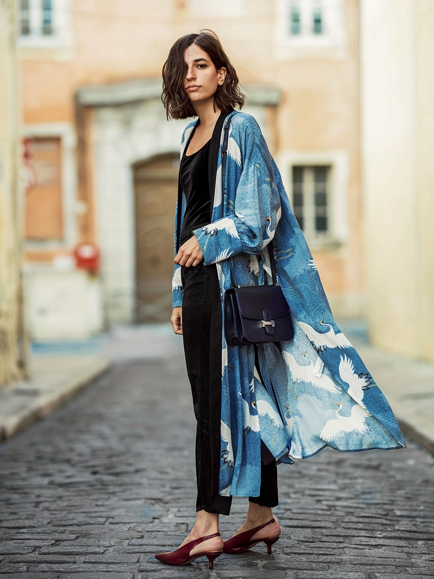 Crane Animal Print Long Sleeve Kimono Cover Up Shirt