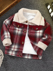 Boys Plaid Long Sleeve Fleece Jacket Zip Up Stand Collar Spring Fall