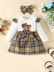 3pcs Baby Girl Cartoon Bear Long-sleeved Top Skirt Set