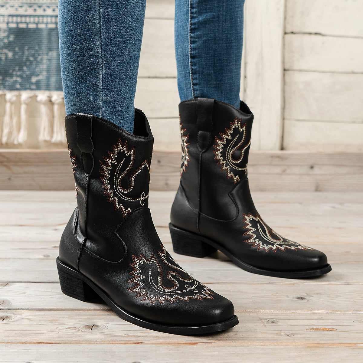 Embroidered Western Boots Wide Calf Slip On Women's Footwear