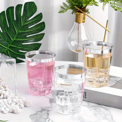 20pcs Silvery Plastic Cups 10 Oz Silver Rimmed Clear Disposable Wine Glasses