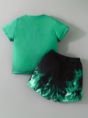 Boys Wolf & Flame Pattern Print T Shirt And Shorts Set