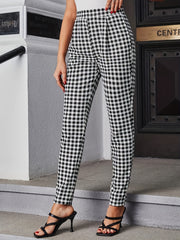 Gingham Print Slim Pants High Waist Long Length