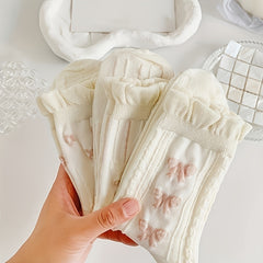 Thin Bow & Flower Pattern Socks Breathable Ruched Trim Mid Tube Women's Stocking