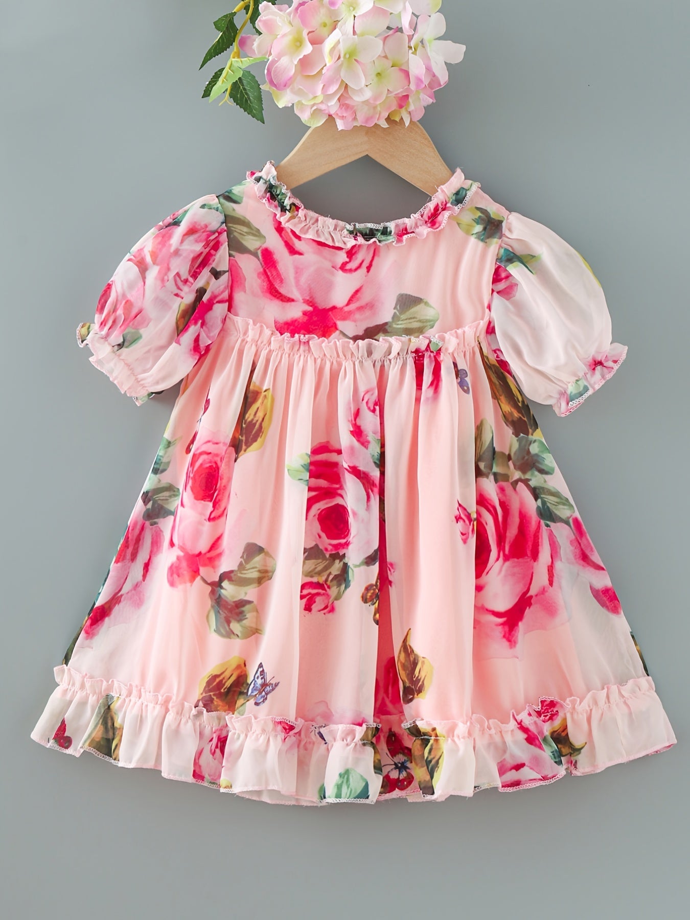Baby Girls Rose Print Dress with Ruffle Sleeve for Summer