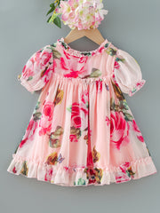 Baby Girls Rose Print Dress with Ruffle Sleeve for Summer