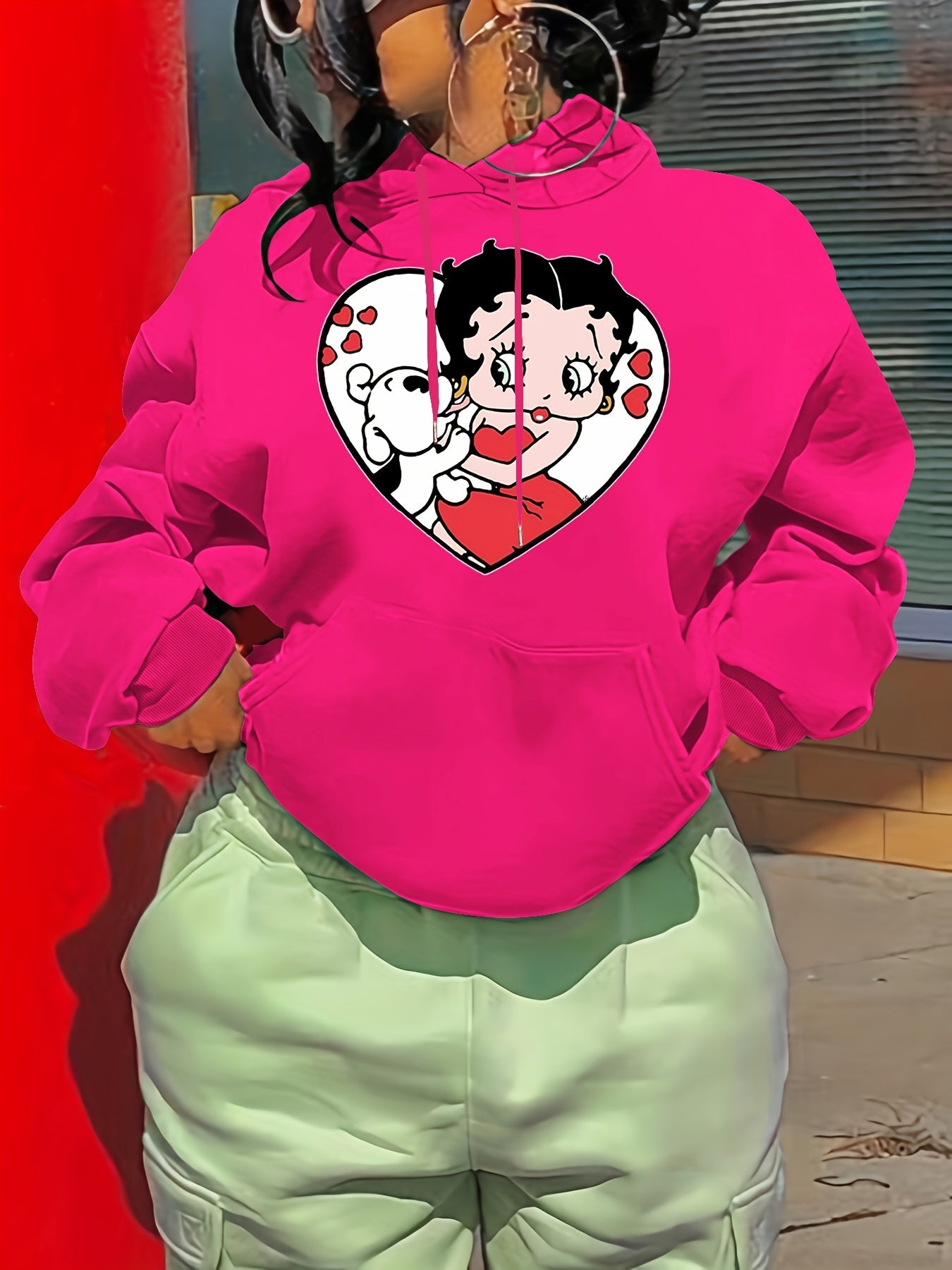 Cartoon Print Hoodie Drawstring Casual Hooded Sweatshirt
