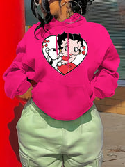 Cartoon Print Hoodie Drawstring Casual Hooded Sweatshirt