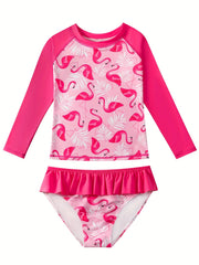 Flamingo Print Girls Swimsuit Long Sleeve Sun Protection