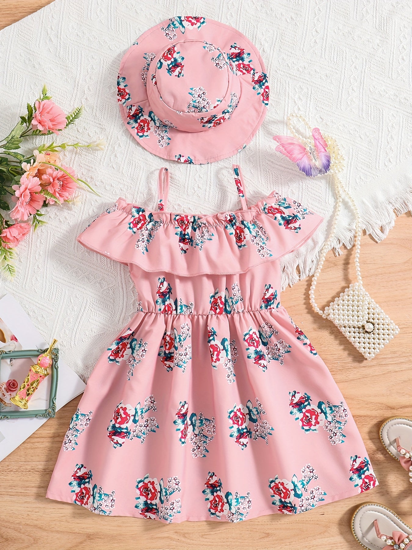 2pcs Toddler Girls Flowers Graphic Dress & Hat Set For Party Beach Vacation