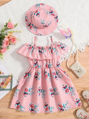 2pcs Toddler Girls Flowers Graphic Dress & Hat Set For Party Beach Vacation