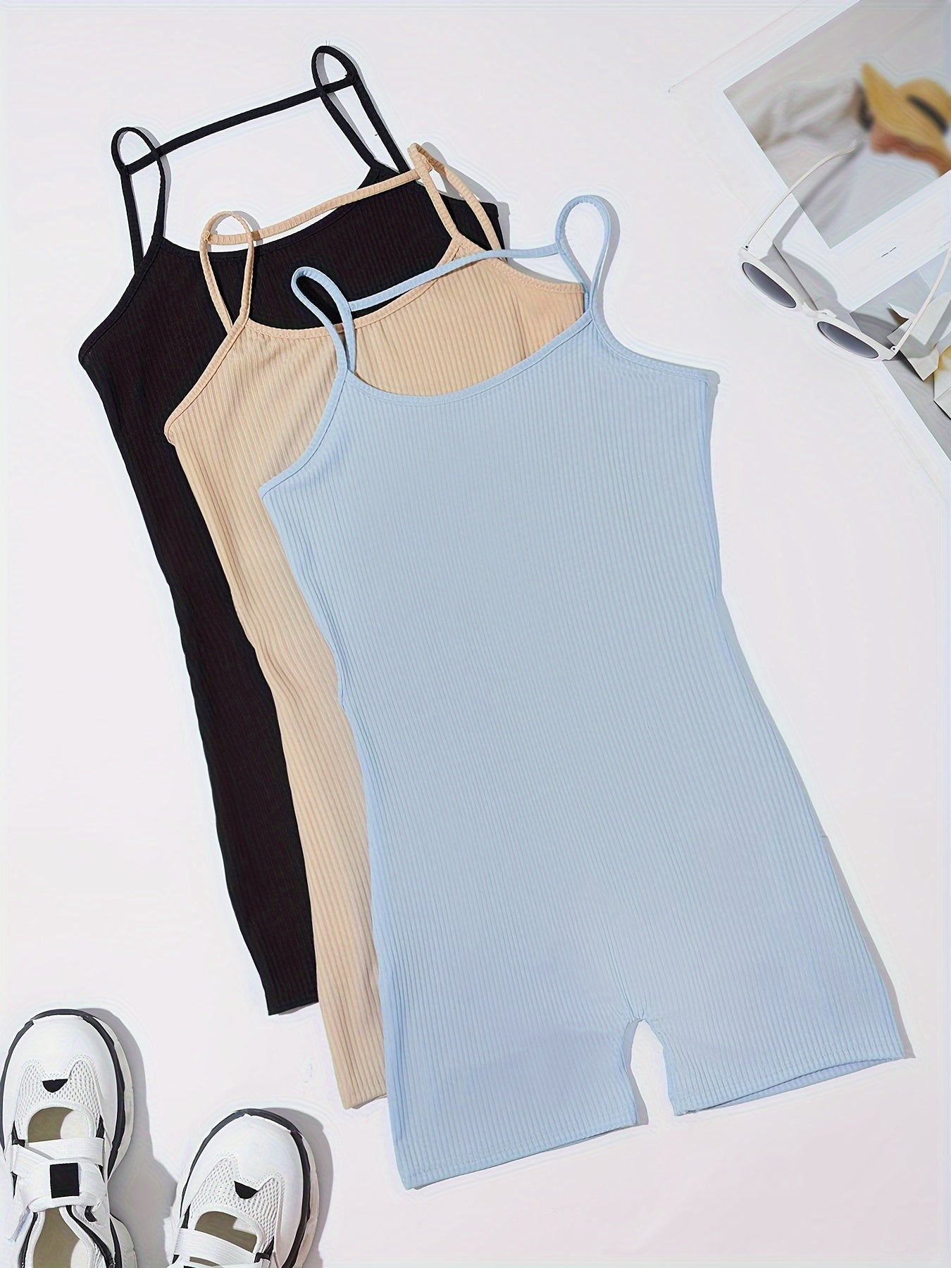 Backless Spaghetti Strap Yoga Bodysuit Ribbed Cami Sports Romper