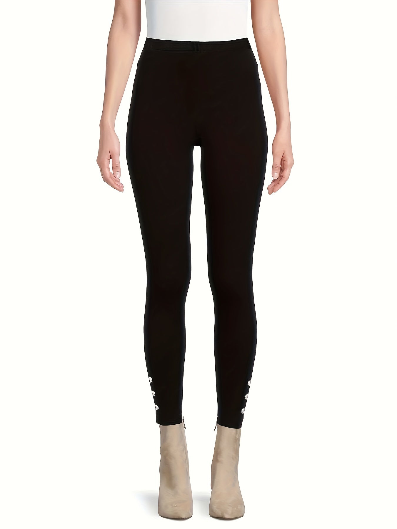 Sports Leggings Women's Plus Solid Button Detail Wide Waistband
