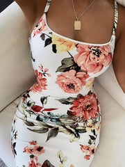 Floral Print Bodycon Cami Dress Sexy Backless Spaghetti Dress
