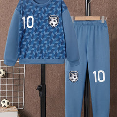 Boy's Soccer Print 2pcs Set Geometric Pattern Sweatshirt & Sweatpants