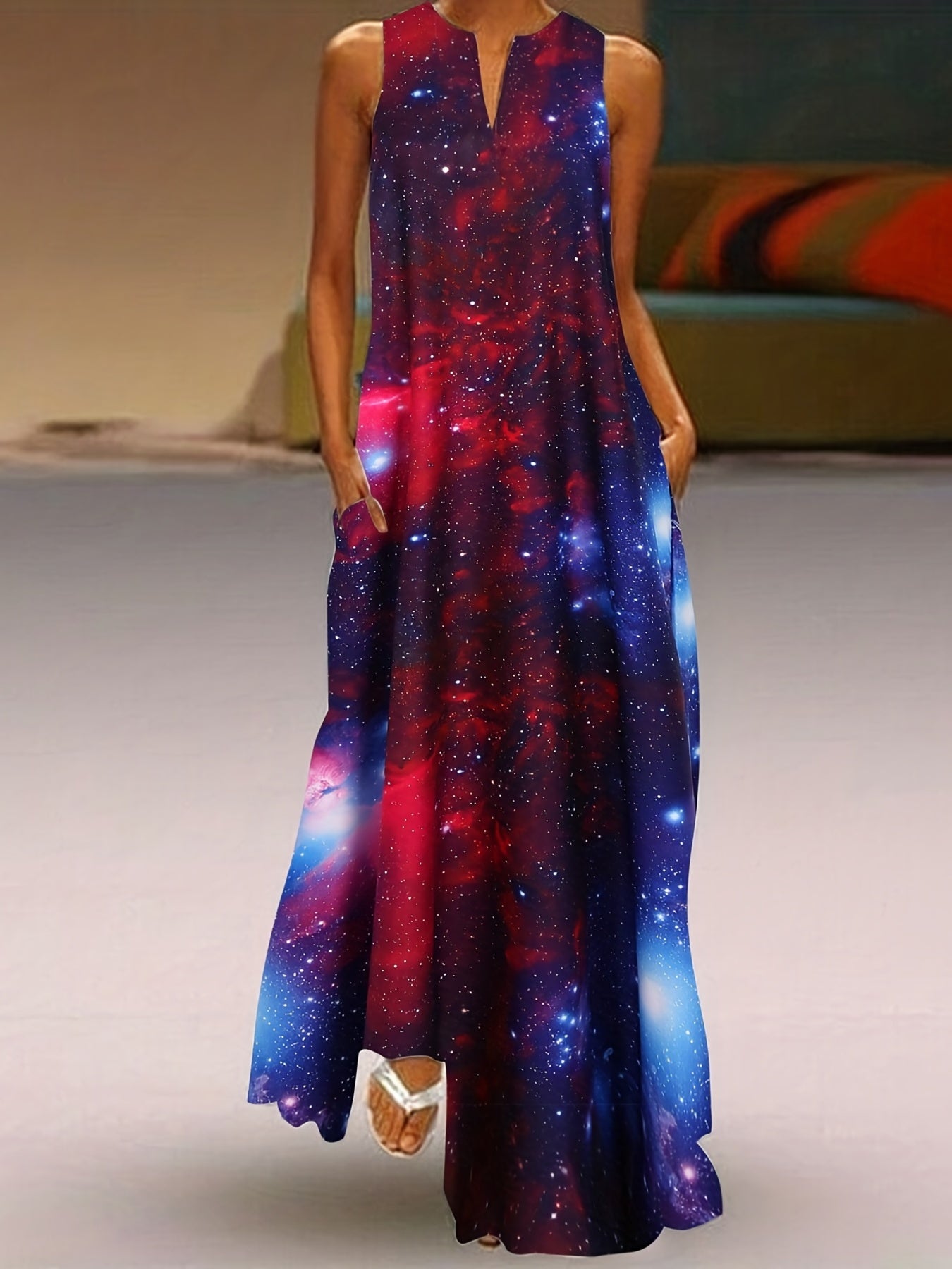 Galaxy Print V Neck Tank Dress Casual Sleeveless Dress For Spring & Summer