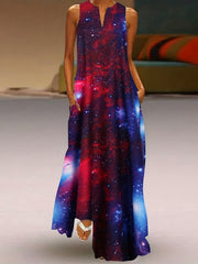 Galaxy Print V Neck Tank Dress Casual Sleeveless Dress For Spring & Summer